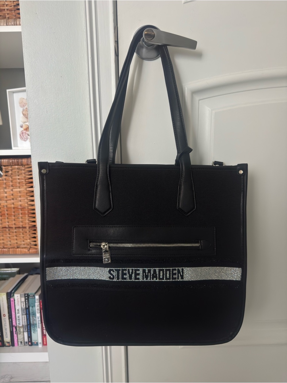 Steve Madden Bsandra Black Tote with Silver Stripe